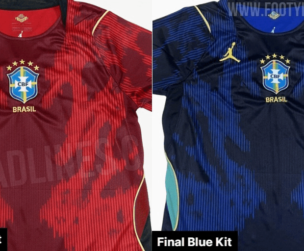Na imagem, a suposta camisa vermelha, que estaria em produ&ccedil;&atilde;o antes de o atual presidente da CBF, Samir Xaud, ordenar que a fabrica&ccedil;&atilde;o fosse interrompida, e a camisa azul
