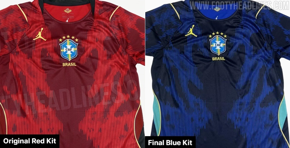 Na imagem, a suposta camisa vermelha, que estaria em produ&ccedil;&atilde;o antes de o atual presidente da CBF, Samir Xaud, ordenar que a fabrica&ccedil;&atilde;o fosse interrompida, e a camisa azul