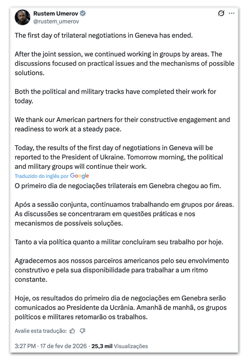 Publica&ccedil;&atilde;o de Rustem Umerov sobre o primeiro dia de negocia&ccedil;&otilde;es trilaterais em Genebra.
