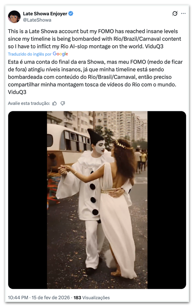 Em publica&ccedil;&atilde;o, estrangeiro comenta sobre estar com FOMO por n&atilde;o estar no Brasil durante o carnaval