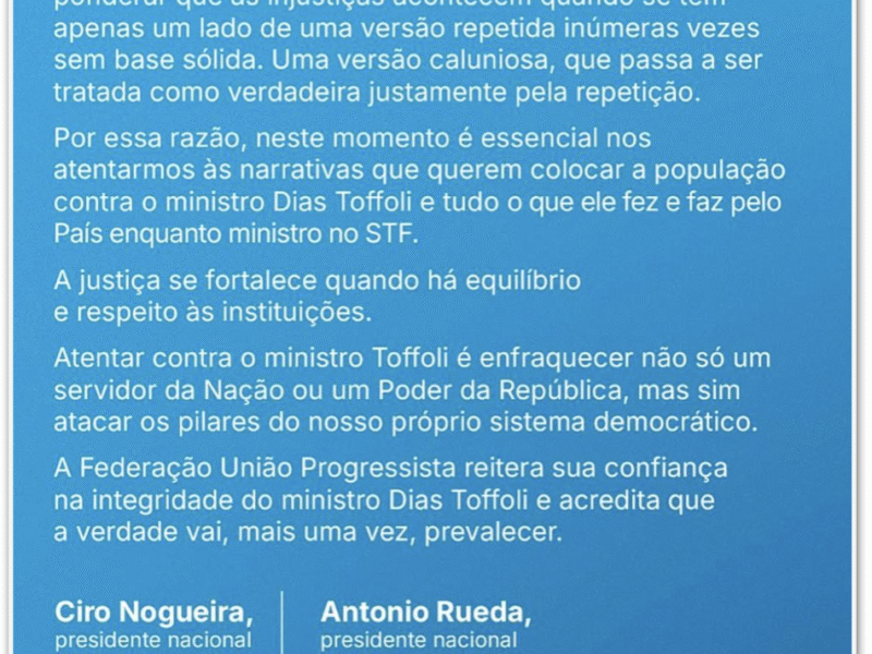 Rueda e Ciro Nogueira saem em defesa de Toffoli após caso Master
