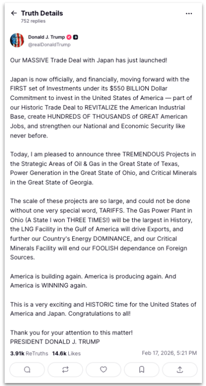 Publica&ccedil;&atilde;o de Donald Trump sobre os projetos acordados entre EUA e Jap&atilde;o